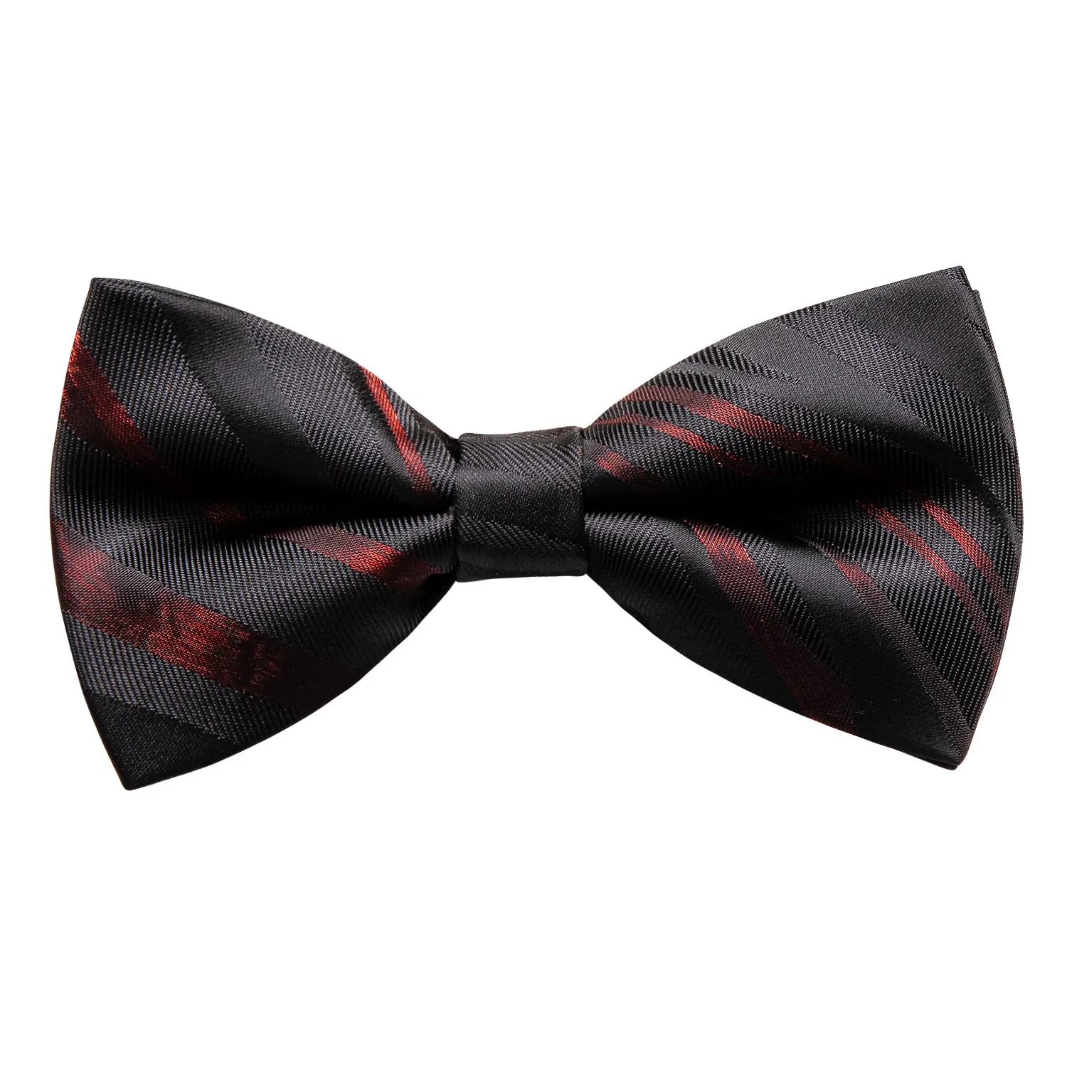 Hi-Tie Black Red Striped Pre-tied Bow Tie Pocket Square Cufflinks Set