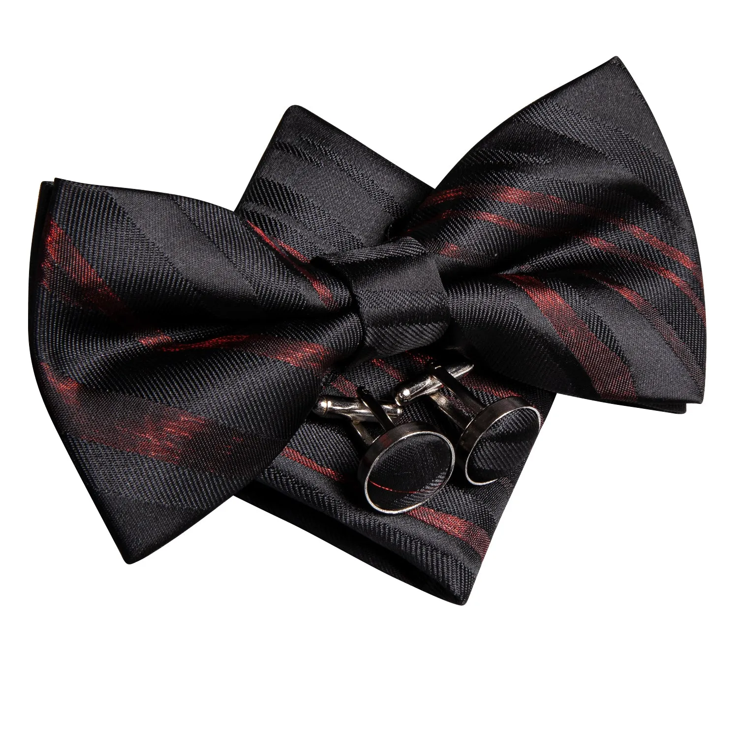 Hi-Tie Black Red Striped Pre-tied Bow Tie Pocket Square Cufflinks Set