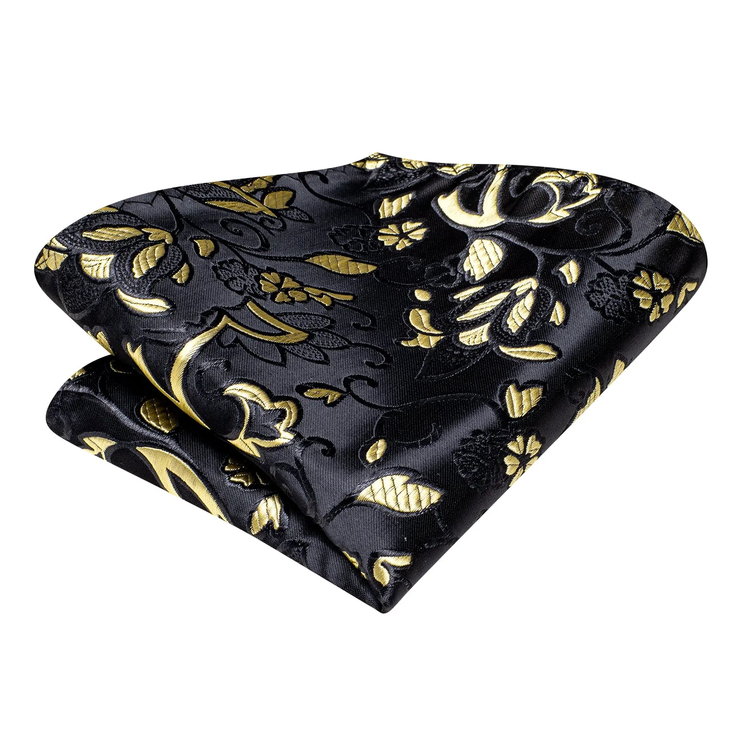 Hi-Tie Black Self Tie Bow Tie Yellow Floral Bowtie Hanky Cufflinks Set