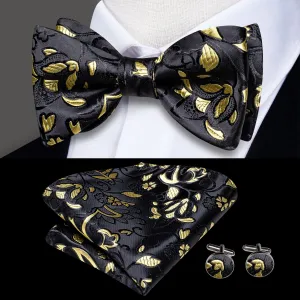 Hi-Tie Black Self Tie Bow Tie Yellow Floral Bowtie Hanky Cufflinks Set
