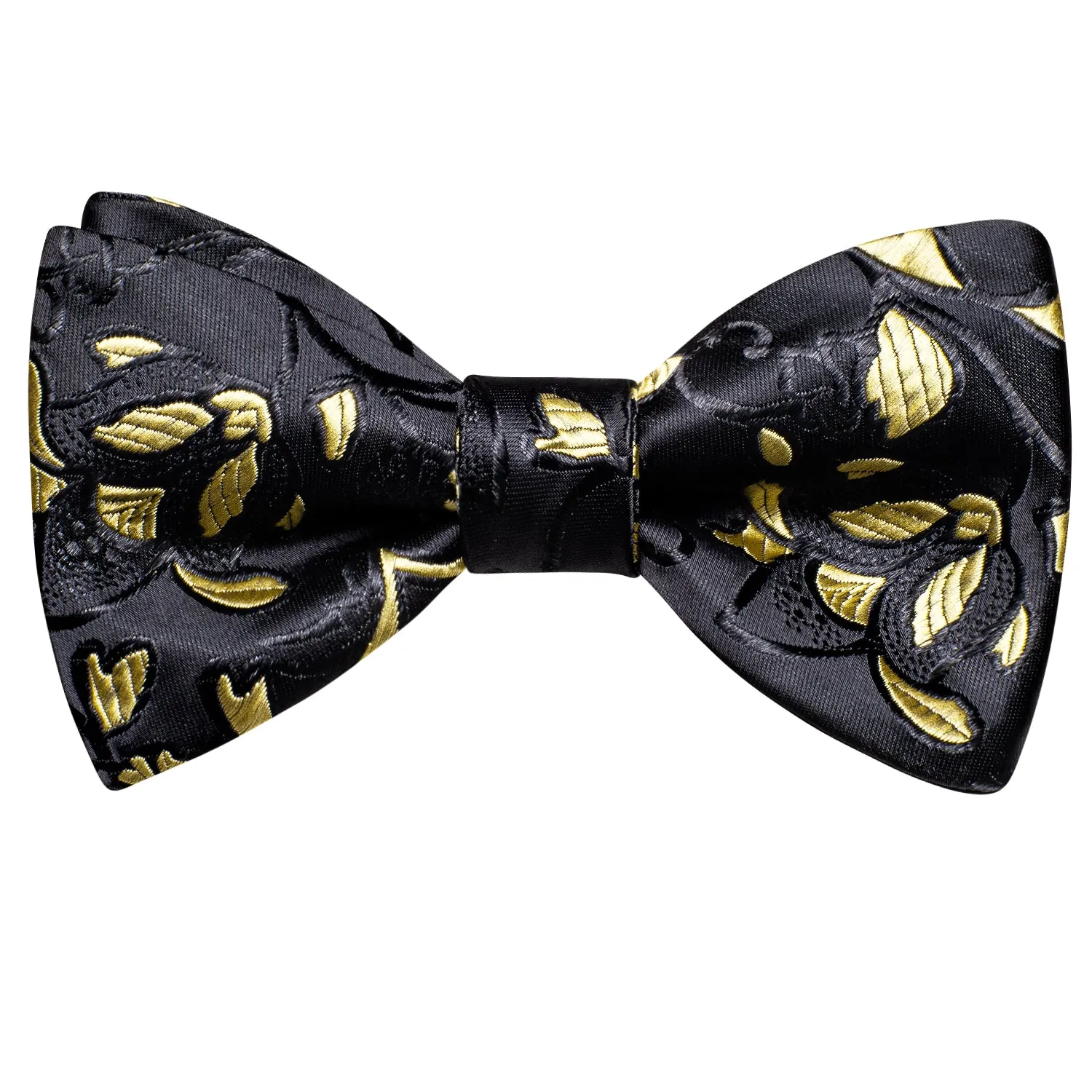 Hi-Tie Black Self Tie Bow Tie Yellow Floral Bowtie Hanky Cufflinks Set