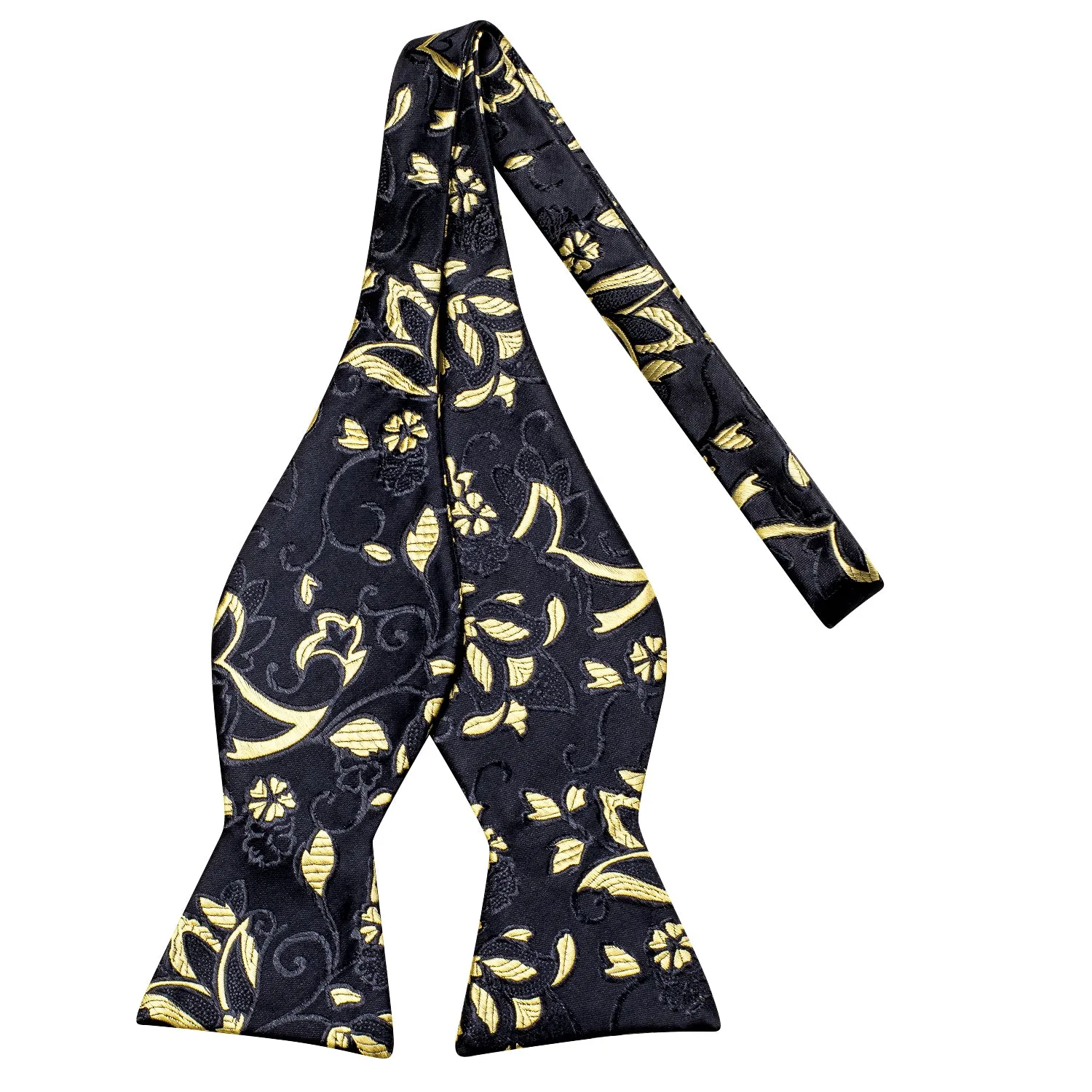 Hi-Tie Black Self Tie Bow Tie Yellow Floral Bowtie Hanky Cufflinks Set