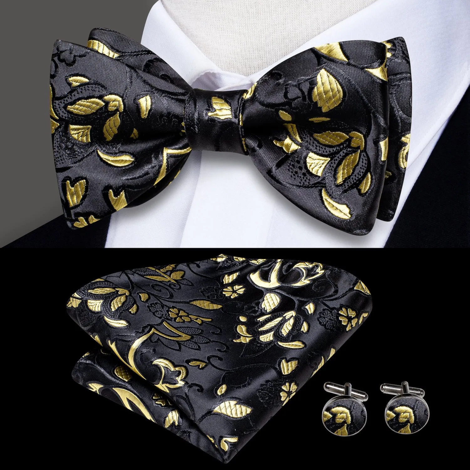 Hi-Tie Black Self Tie Bow Tie Yellow Floral Bowtie Hanky Cufflinks Set
