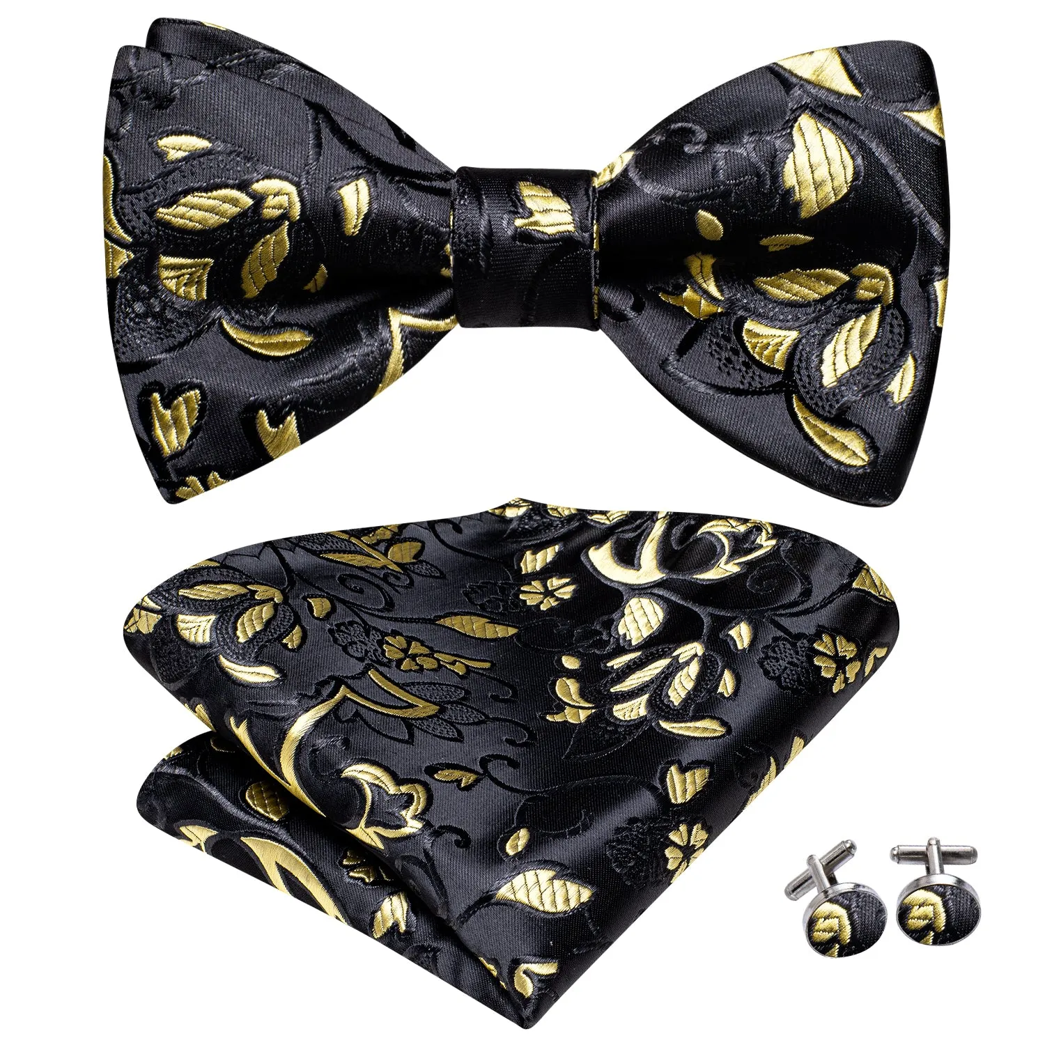 Hi-Tie Black Self Tie Bow Tie Yellow Floral Bowtie Hanky Cufflinks Set