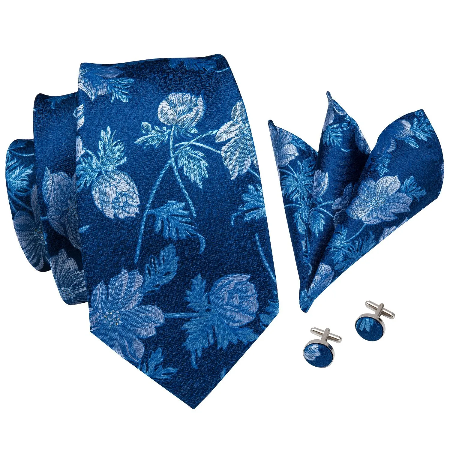 Hi-Tie Blue Ties Sky Blue Floral Necktie Pocket Square Cufflinks Set