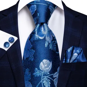 Hi-Tie Blue Ties Sky Blue Floral Necktie Pocket Square Cufflinks Set