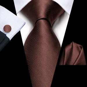 Hi-Tie Brown Ties Men's Brown Solid Tie Pocket Square Cufflinks Set