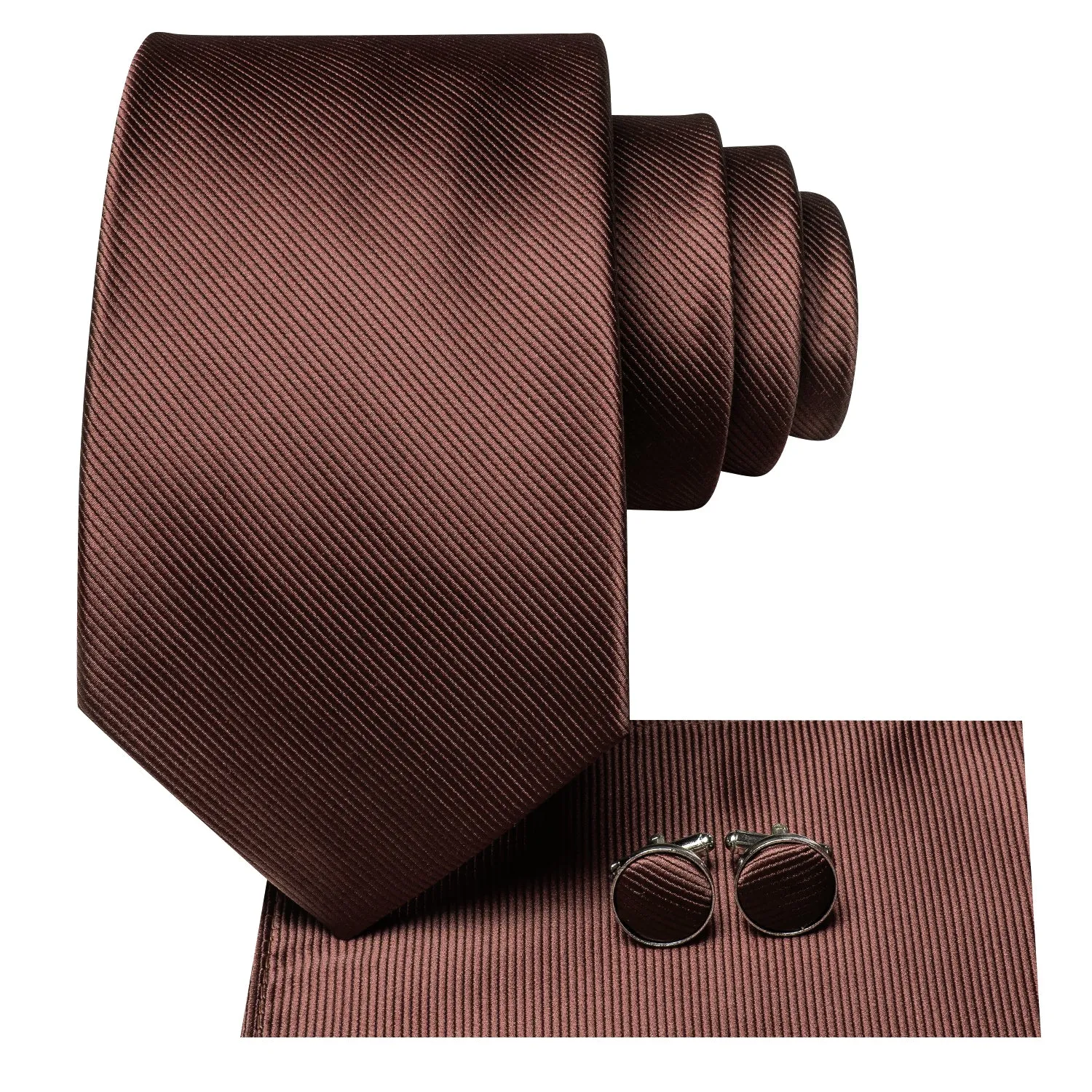 Hi-Tie Brown Ties Men's Brown Solid Tie Pocket Square Cufflinks Set