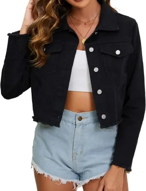 HOTIAN Cropped Denim Jacket Women Frayed Washed Soft Buttoned Short Denim Jacket Frayed Hem with Pockets