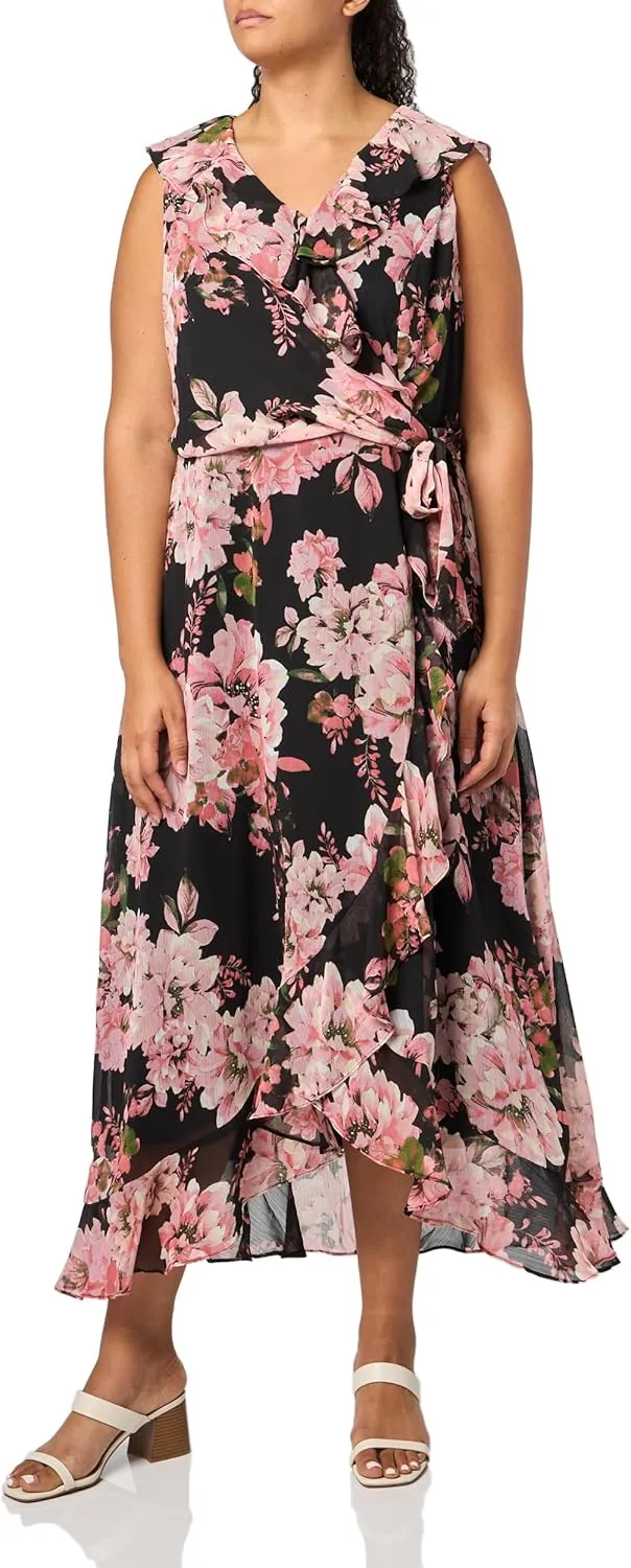 London Times Women's Dresses Sleeveless Ruffle Detail Faux Wrap Tie Midi Dress