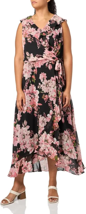 London Times Women's Dresses Sleeveless Ruffle Detail Faux Wrap Tie Midi Dress
