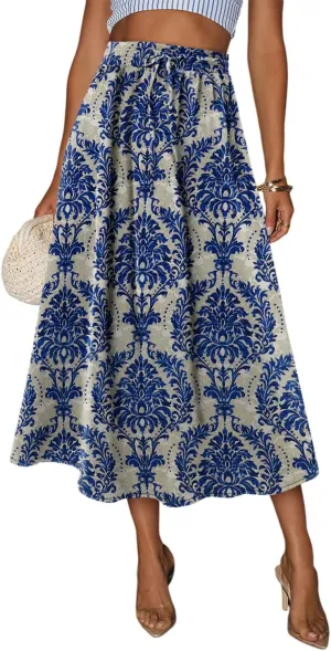Magritta Women's Print Midi Skirt with Pocket Elastic High Waist 2025 Trendy A-Line Bohe Leopardr Swing Skirts for Women