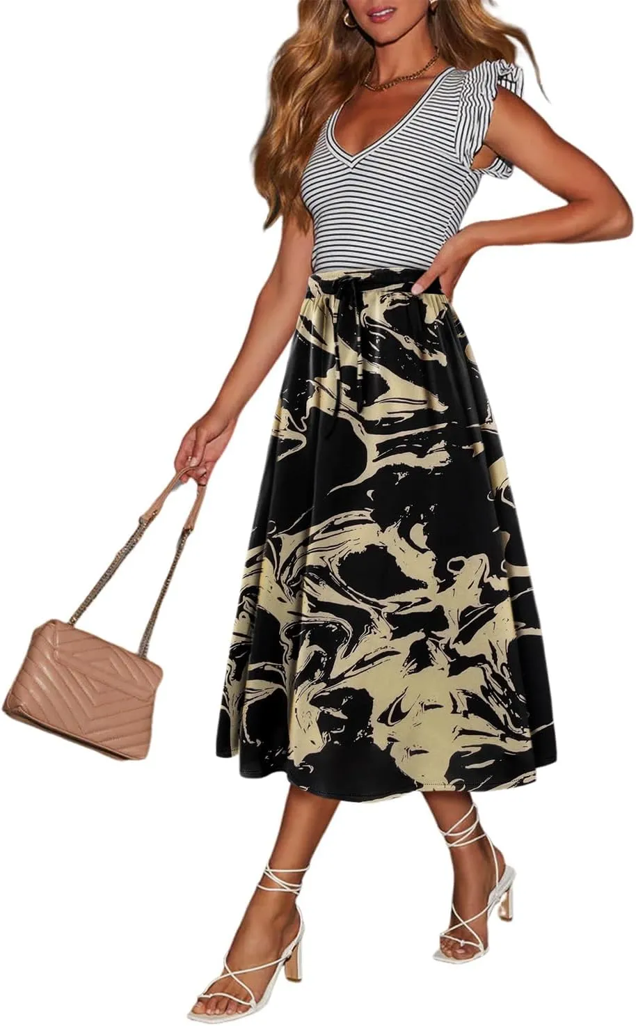 Magritta Women's Print Midi Skirt with Pocket Elastic High Waist 2025 Trendy A-Line Bohe Leopardr Swing Skirts for Women