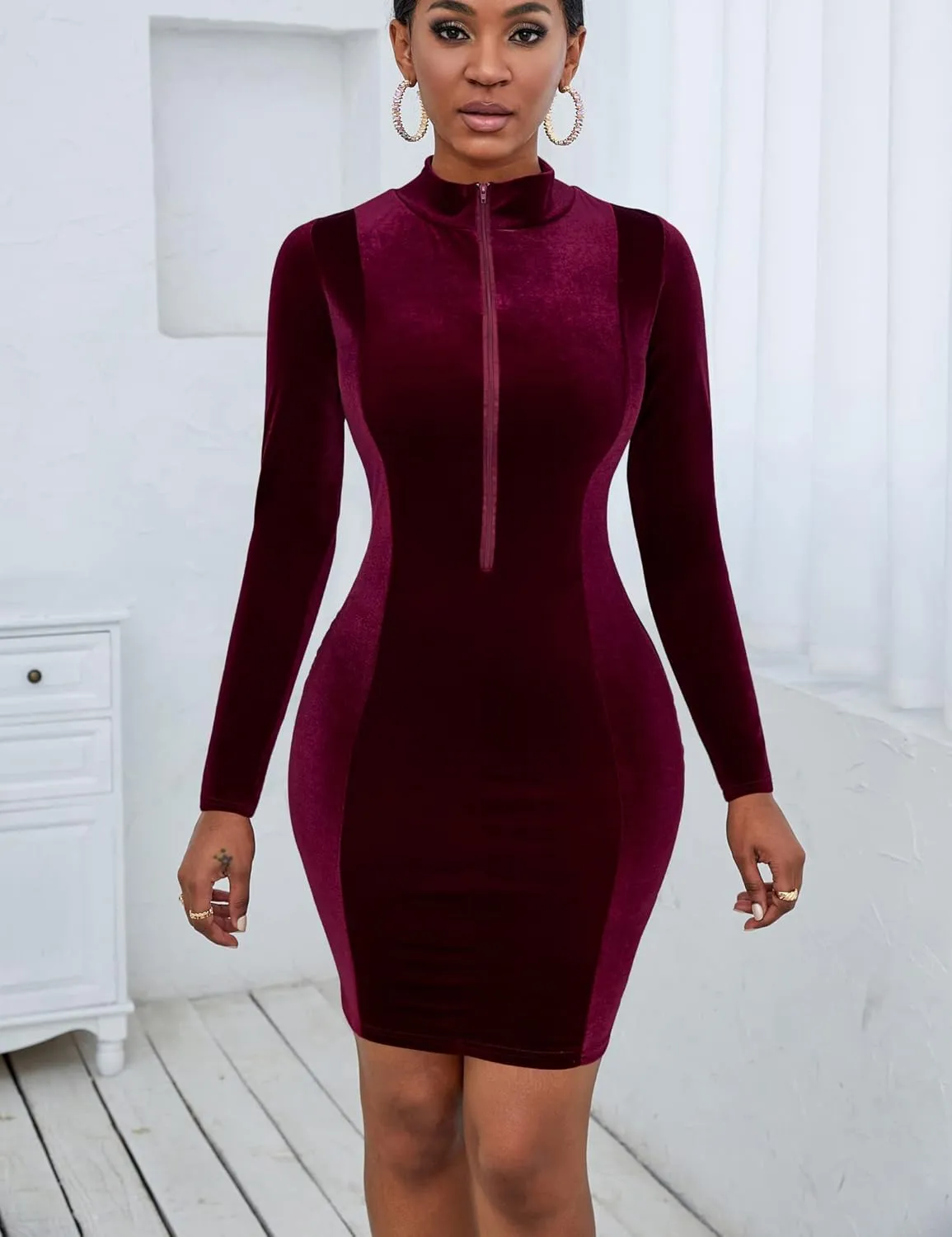 Mokoru Women's Sexy Bodycon Long Sleeve V Neck Velvet Elegant Mini Cocktail Party Dress