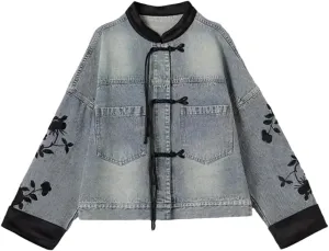 Niiyyjj Denim Jacket for Women Embroidered Chinese Style Long Sleeve Buttons O-Neck Jean Coats