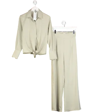 Nuevo Edit Green Satin Wide Leg Trousers And Tie Front Shirt UK S