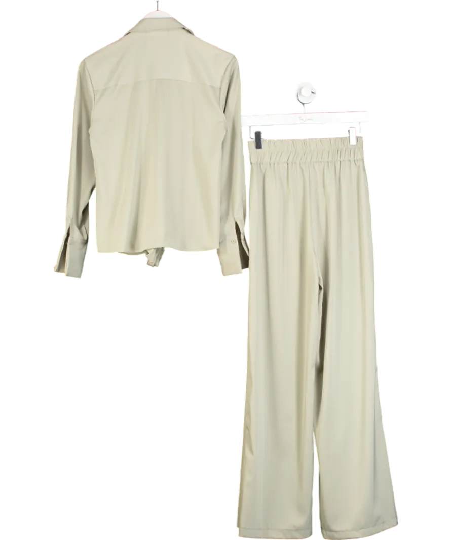 Nuevo Edit Green Satin Wide Leg Trousers And Tie Front Shirt UK S