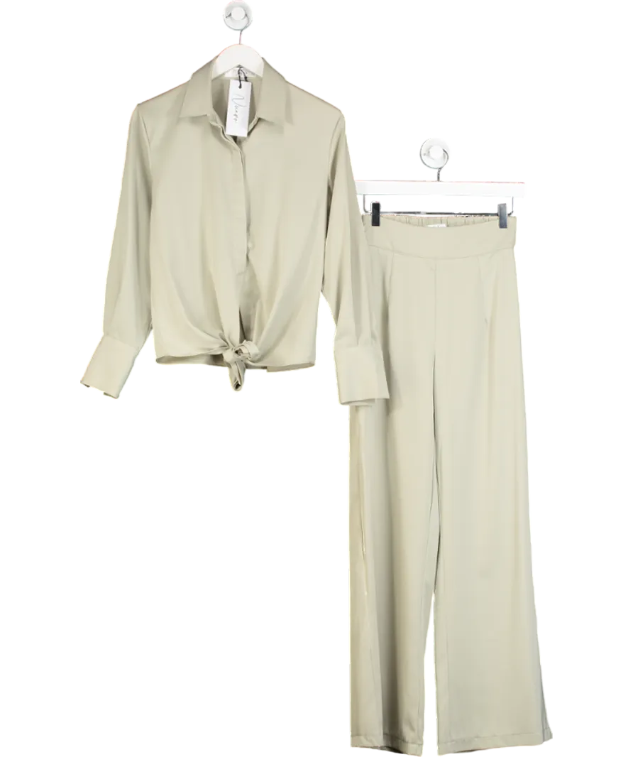 Nuevo Edit Green Satin Wide Leg Trousers And Tie Front Shirt UK S