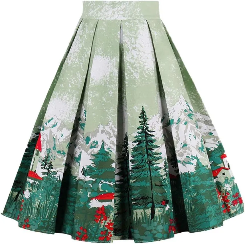 OBBUE Dresstore Vintage Pleated Skirt Floral A-line Printed Midi Skirts with Pockets
