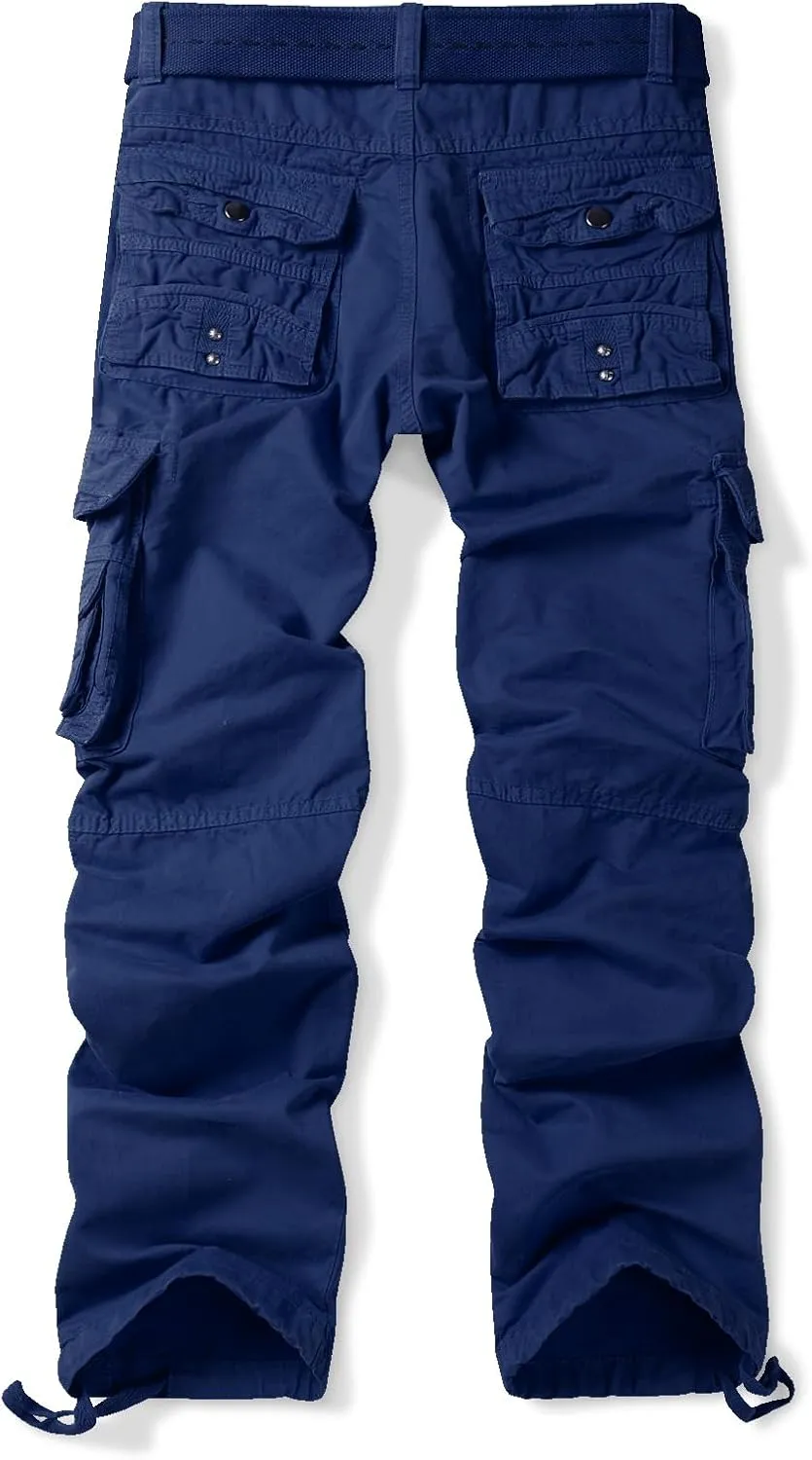 OCHENTA Men's Cotton Casual Cargo Work Pants Baggy Travel Hiking with Multi Pockets (No Belt)
