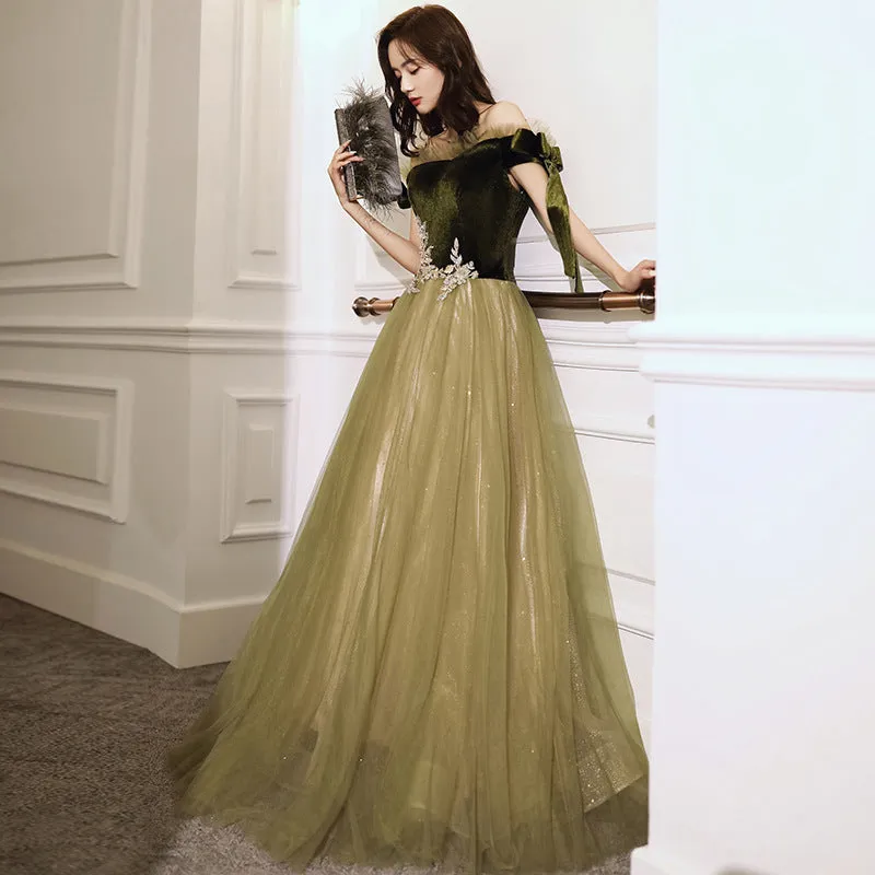Off Shoulder Green Prom Dress A Line Green Evening Party Dress 655