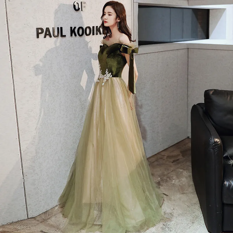 Off Shoulder Green Prom Dress A Line Green Evening Party Dress 655