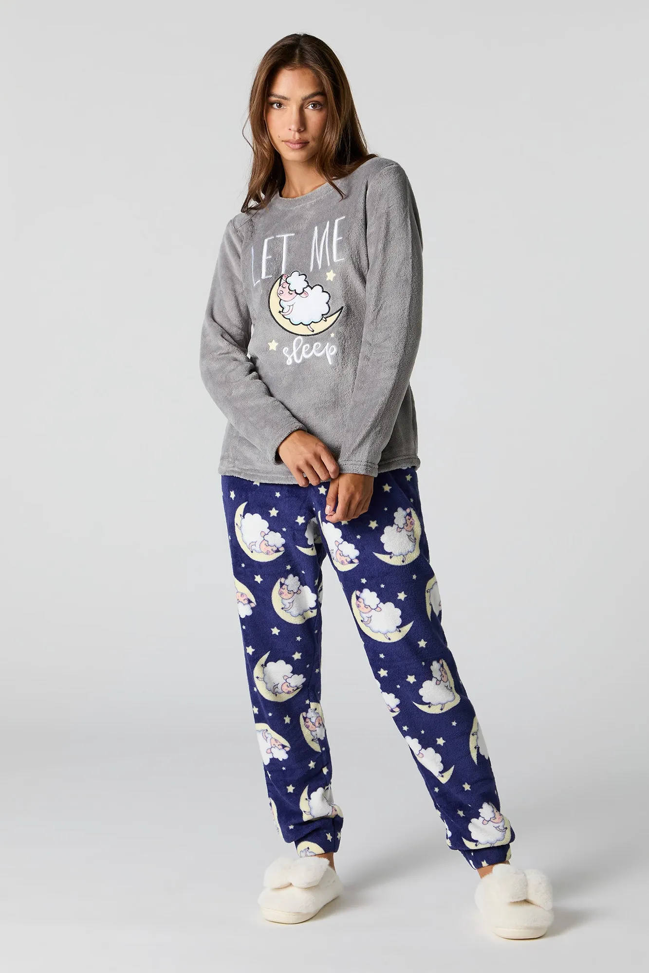 Plush Long Sleeve Top and Pant 2 Piece Pajama Set