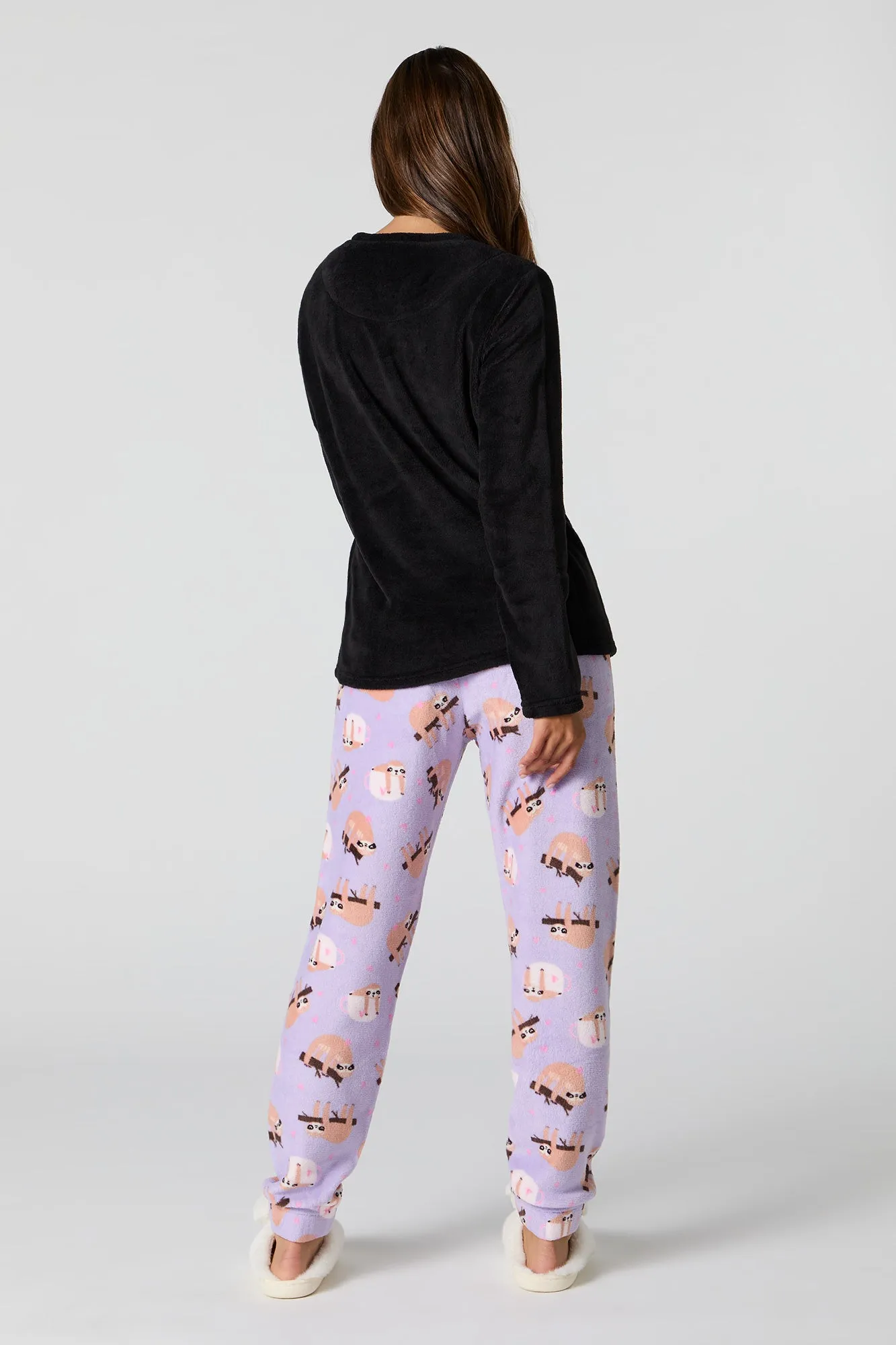 Plush Long Sleeve Top and Pant 2 Piece Pajama Set