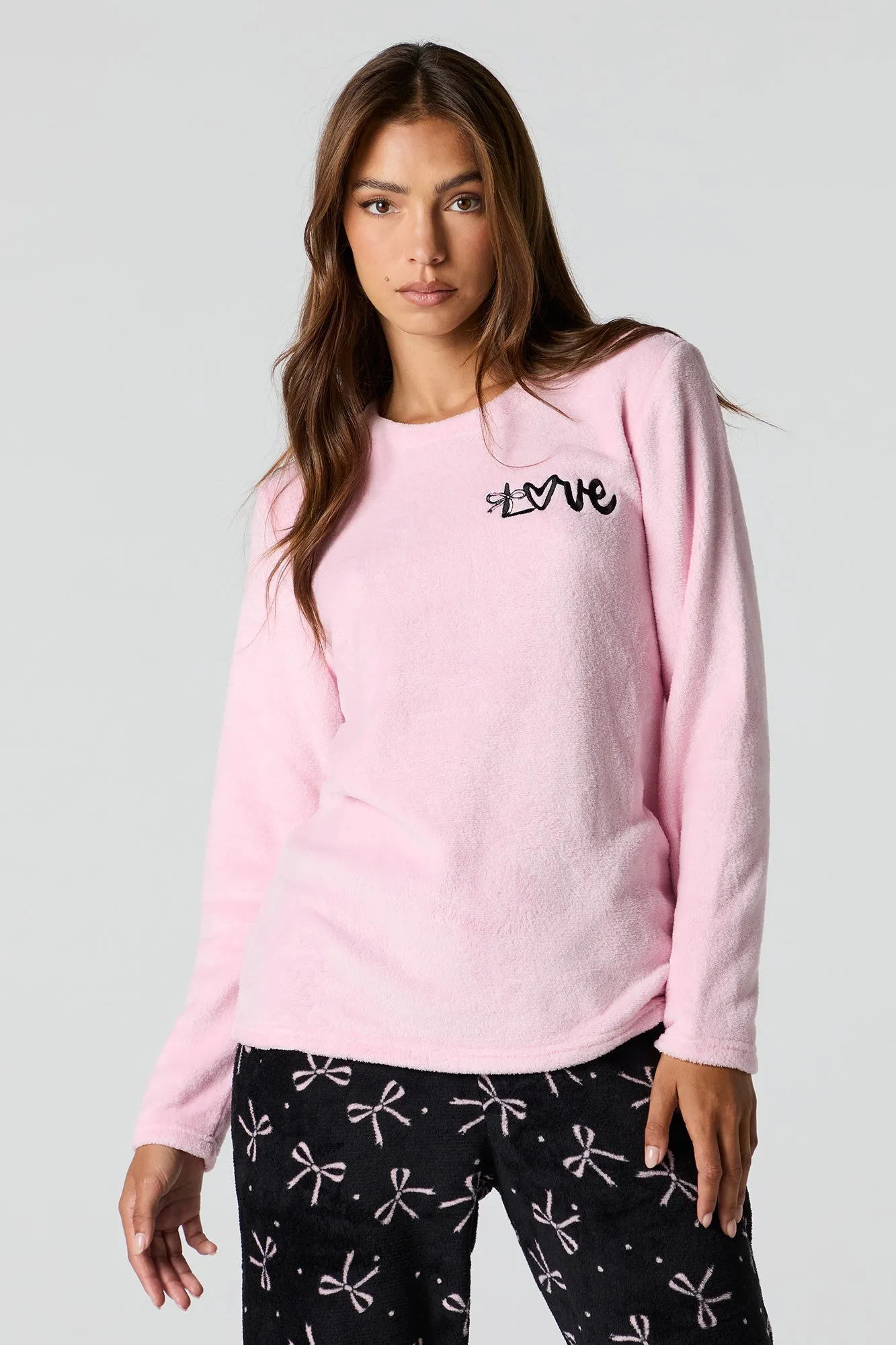 Plush Long Sleeve Top and Pant 2 Piece Pajama Set