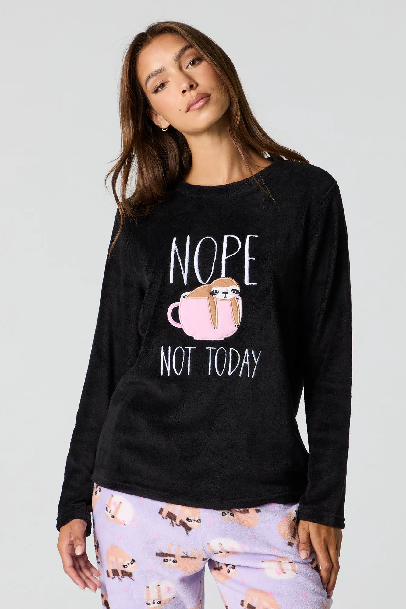 Plush Long Sleeve Top and Pant 2 Piece Pajama Set