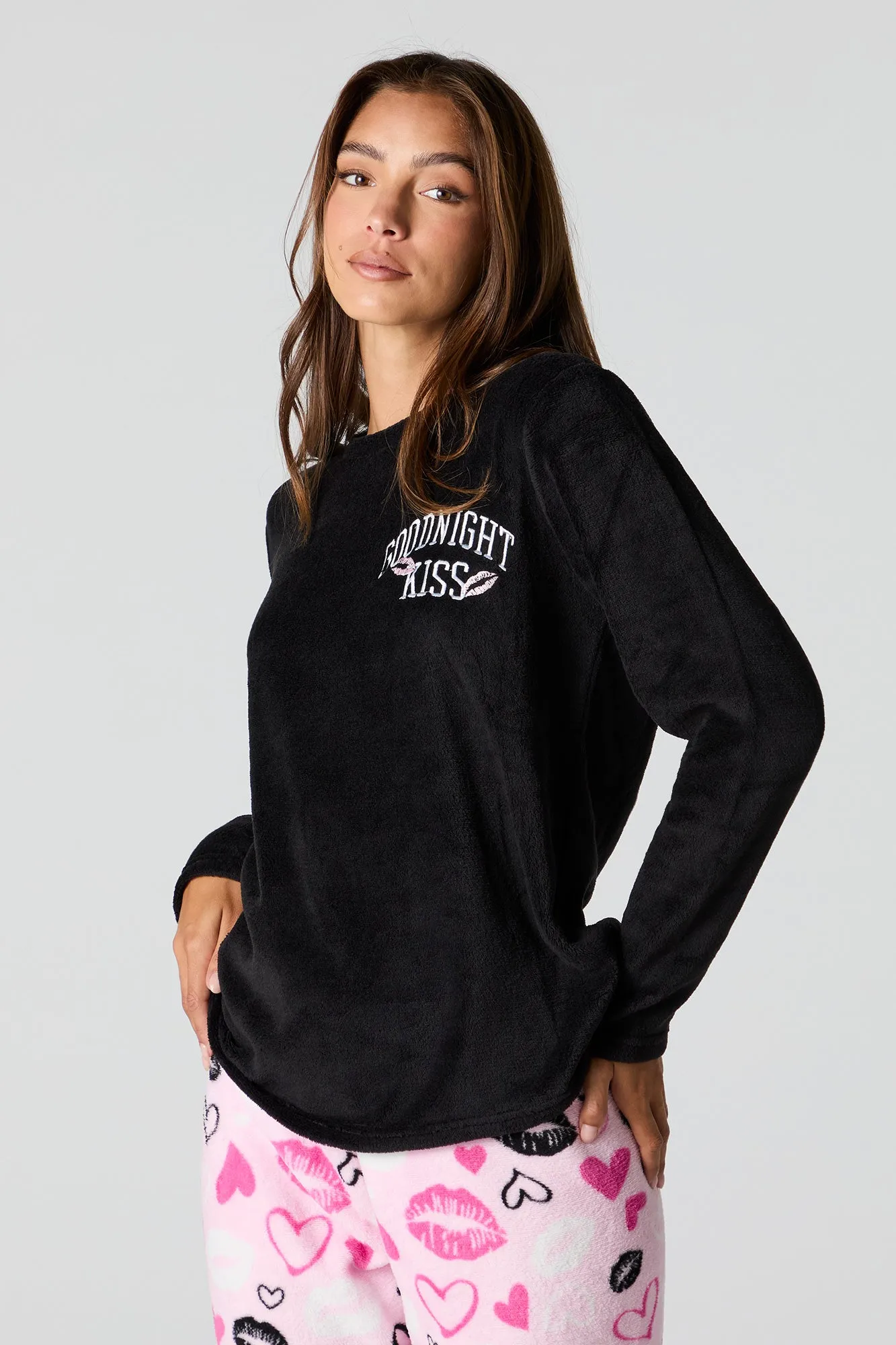 Plush Long Sleeve Top and Pant 2 Piece Pajama Set