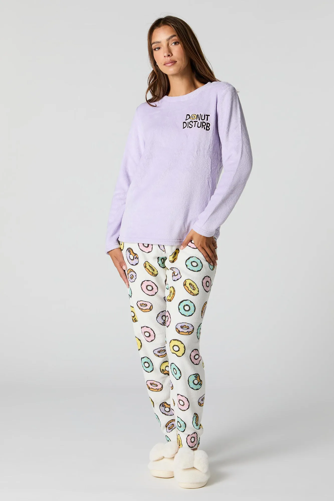 Plush Long Sleeve Top and Pant 2 Piece Pajama Set