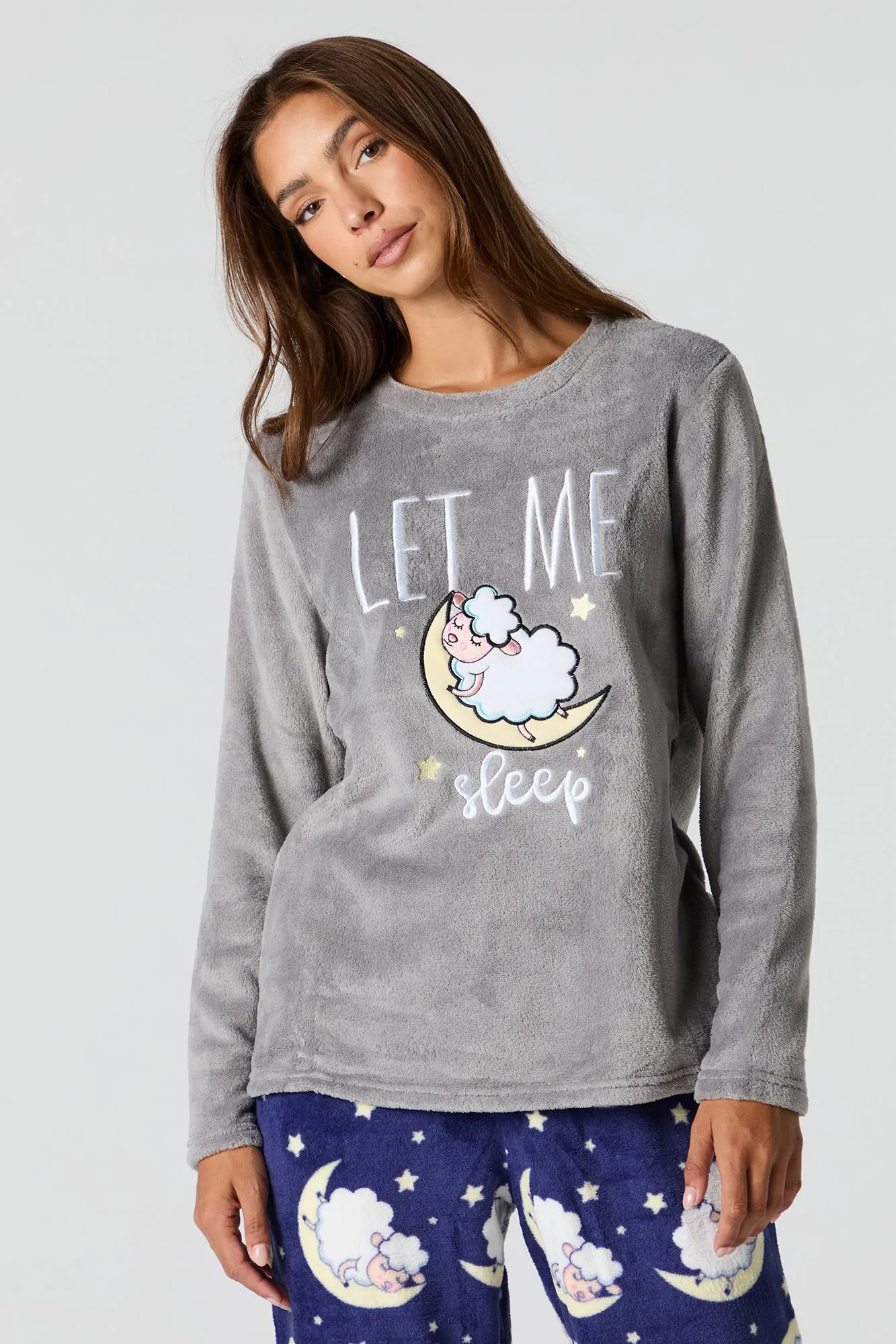 Plush Long Sleeve Top and Pant 2 Piece Pajama Set