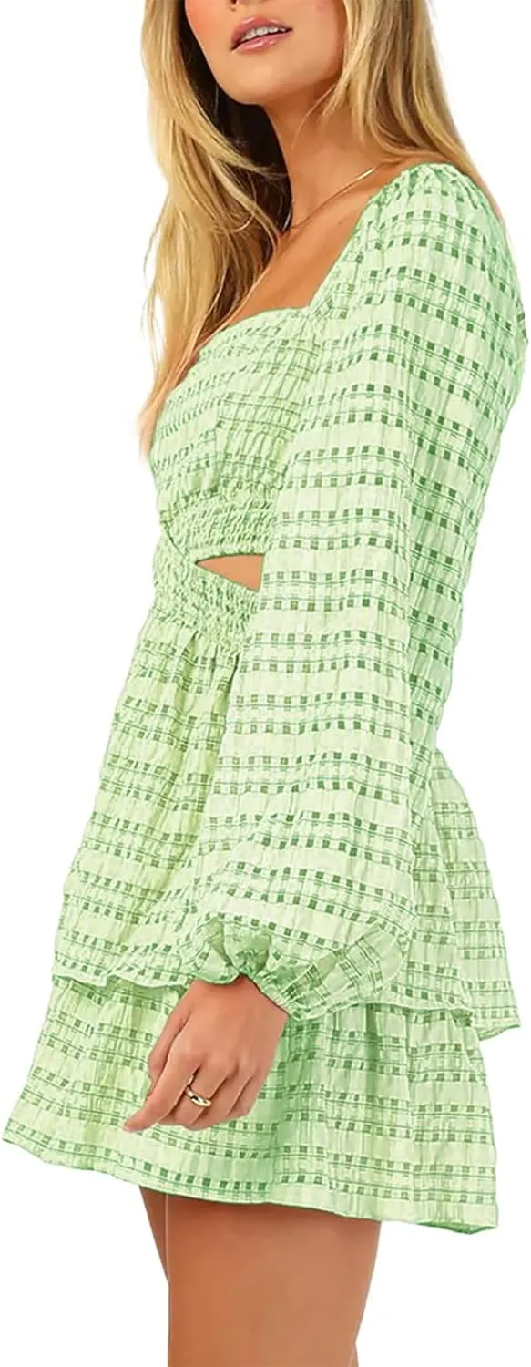 Shy Velvet 2023 Summer Dresses for Women Square Neck Crossover Waist Long Sleeve Dress Party Club Mini Dress