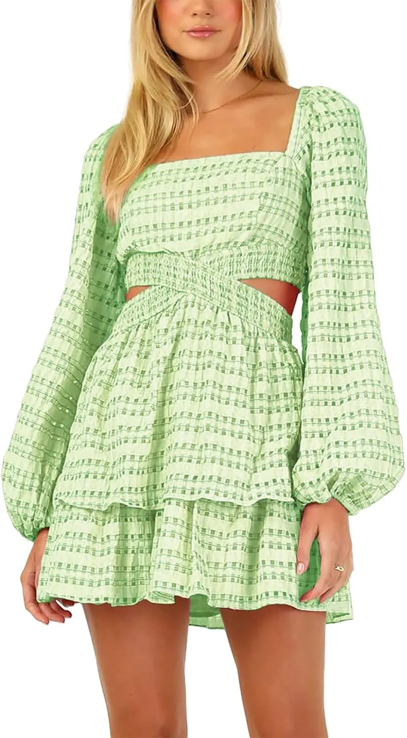 Shy Velvet 2023 Summer Dresses for Women Square Neck Crossover Waist Long Sleeve Dress Party Club Mini Dress