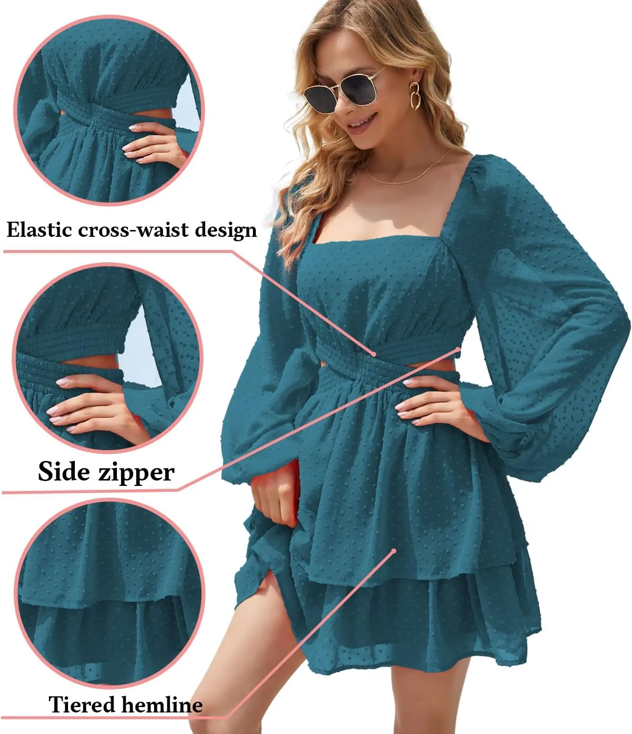 Shy Velvet Women's Long Sleeve Summer Dress Square Neck Crossover Waist Casual Party Mini Dress