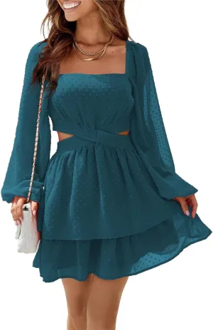 Shy Velvet Women's Long Sleeve Summer Dress Square Neck Crossover Waist Casual Party Mini Dress