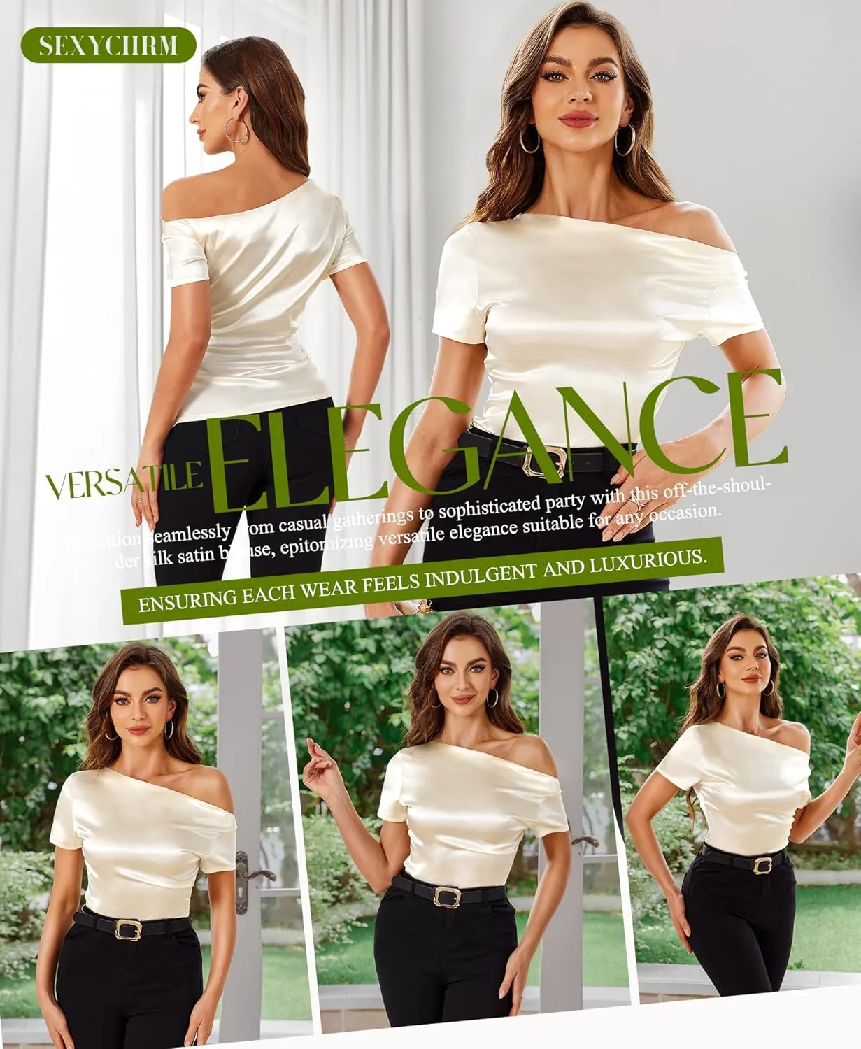 Silk Satin Tops for Women - Off The Shoulder Blouse Dressy Casual Short Sleeve Ruched Elegant Tunic Shirts