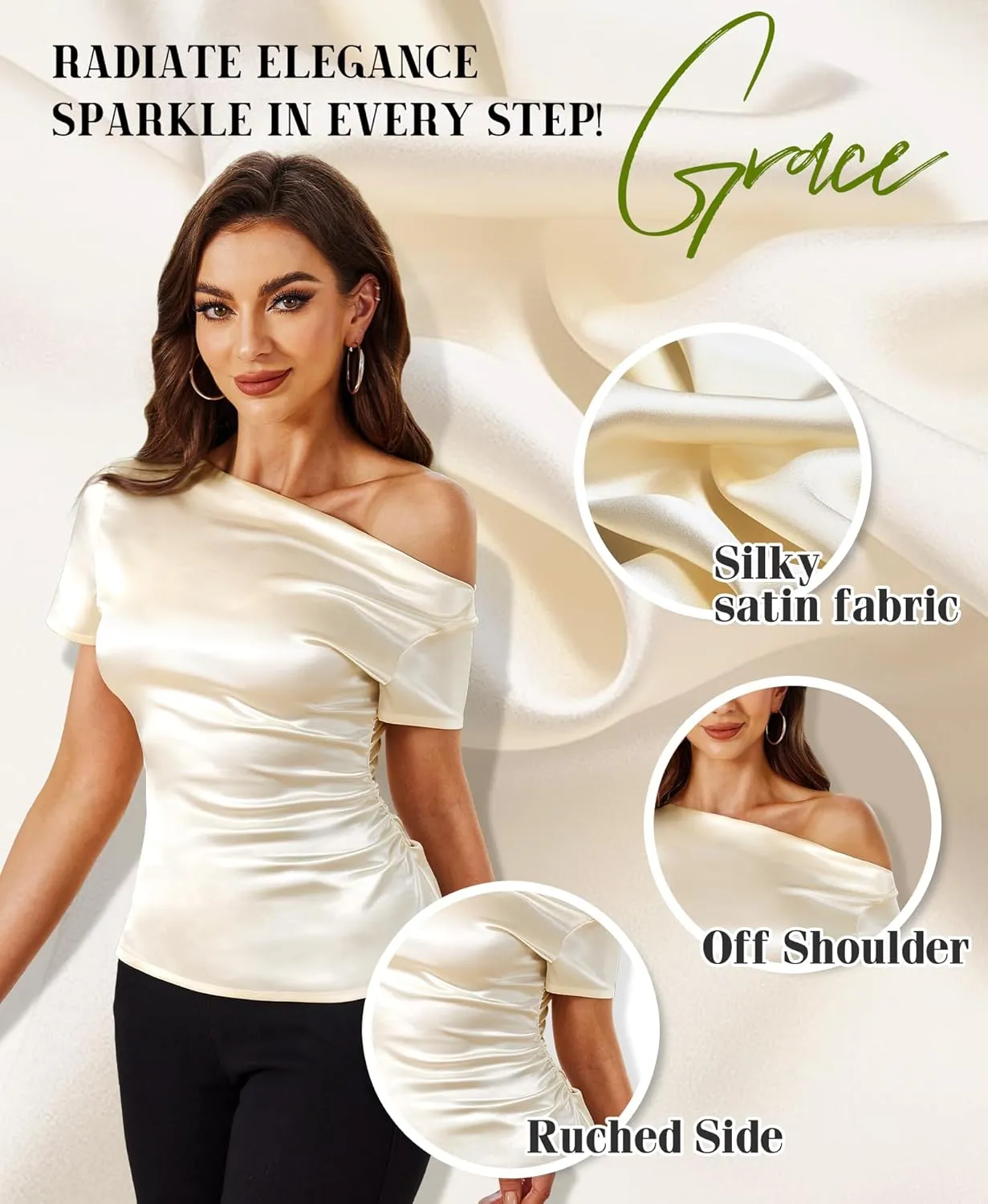 Silk Satin Tops for Women - Off The Shoulder Blouse Dressy Casual Short Sleeve Ruched Elegant Tunic Shirts