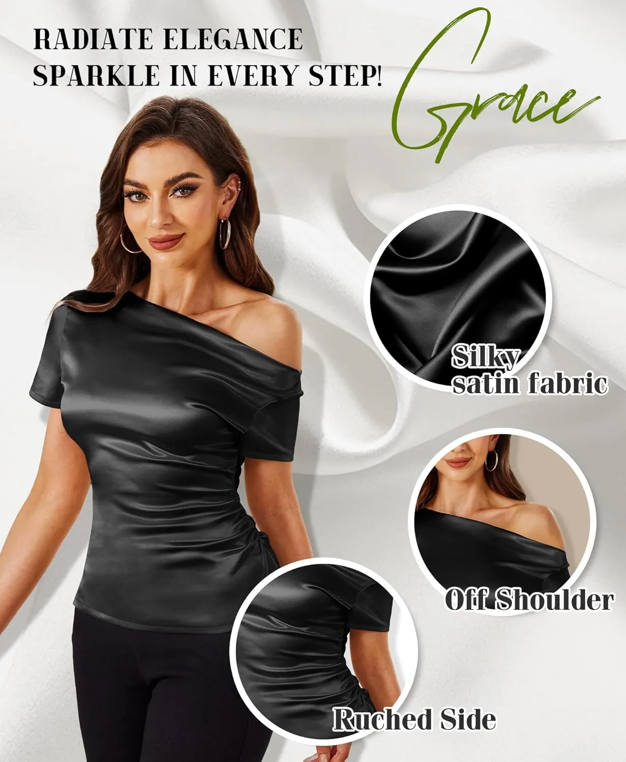 Silk Satin Tops for Women - Off The Shoulder Blouse Dressy Casual Short Sleeve Ruched Elegant Tunic Shirts