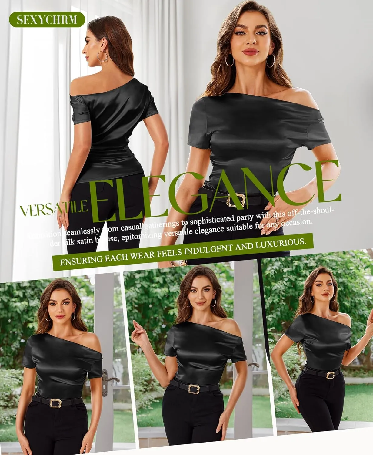 Silk Satin Tops for Women - Off The Shoulder Blouse Dressy Casual Short Sleeve Ruched Elegant Tunic Shirts