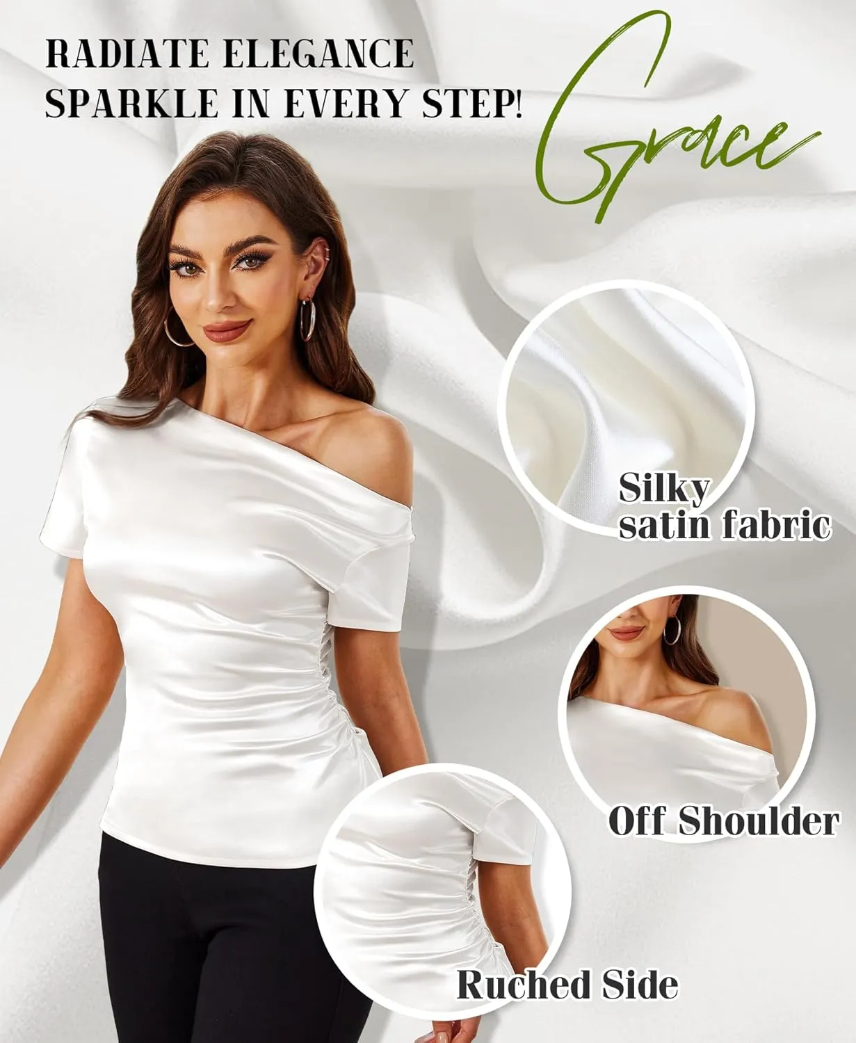 Silk Satin Tops for Women - Off The Shoulder Blouse Dressy Casual Short Sleeve Ruched Elegant Tunic Shirts