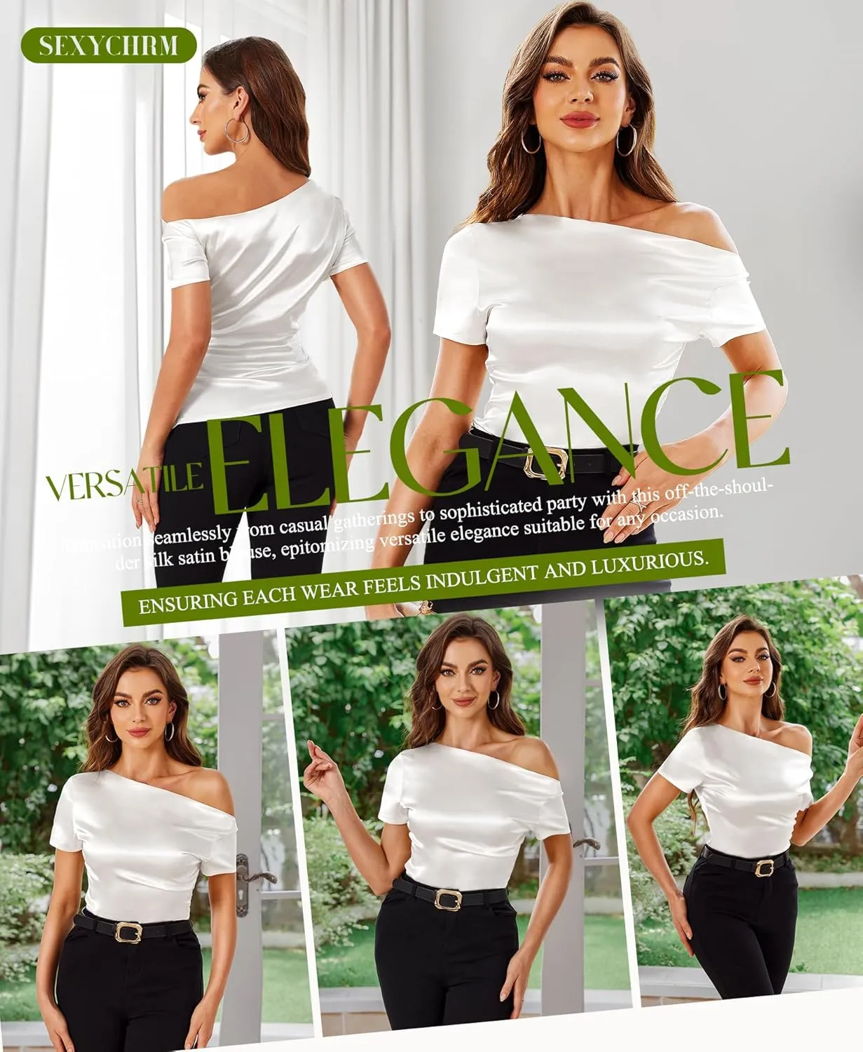 Silk Satin Tops for Women - Off The Shoulder Blouse Dressy Casual Short Sleeve Ruched Elegant Tunic Shirts