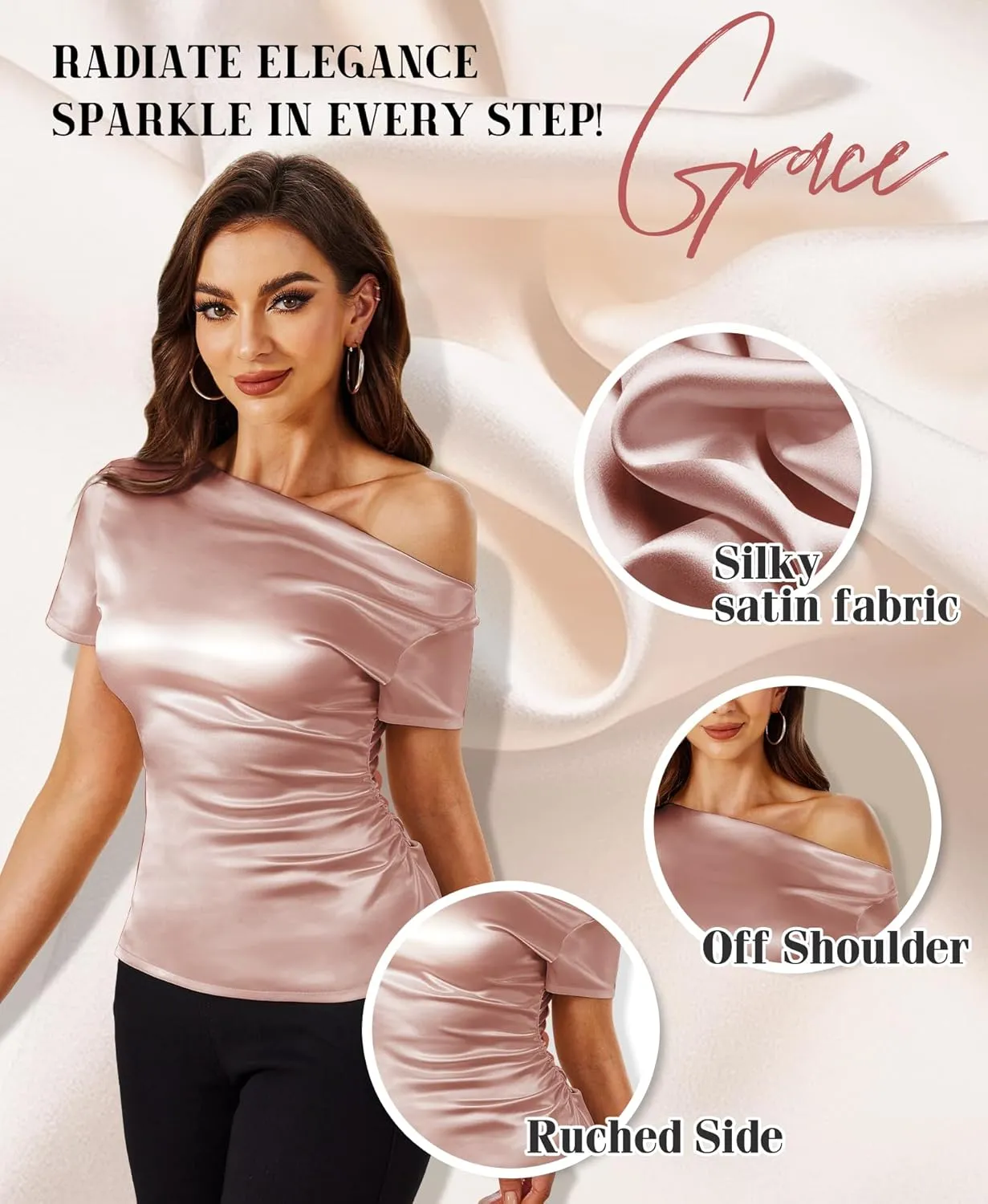 Silk Satin Tops for Women - Off The Shoulder Blouse Dressy Casual Short Sleeve Ruched Elegant Tunic Shirts