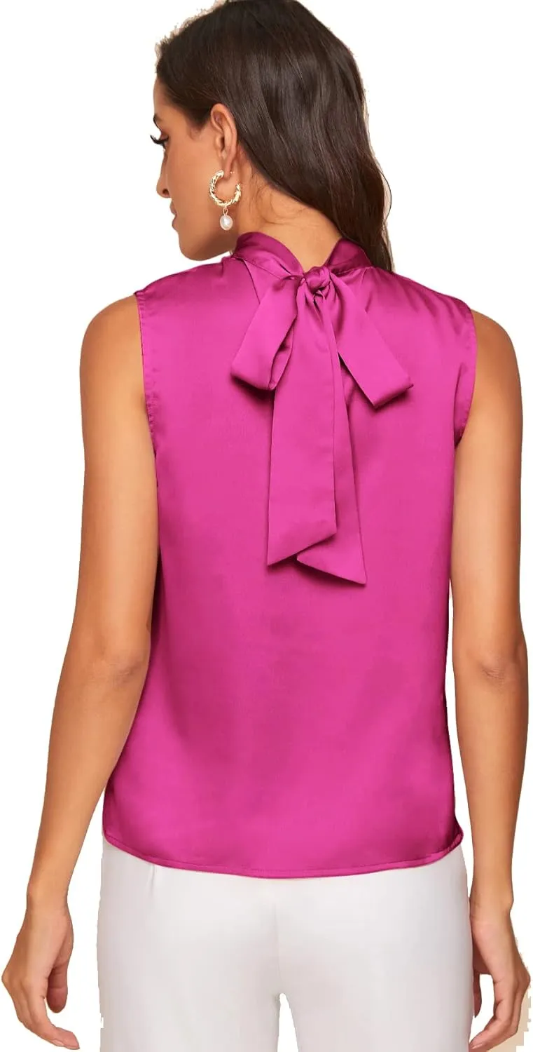 Verdusa Women's Elegant Tie Back Sleeveless Pleated Mock Neck Satin Blouse Top