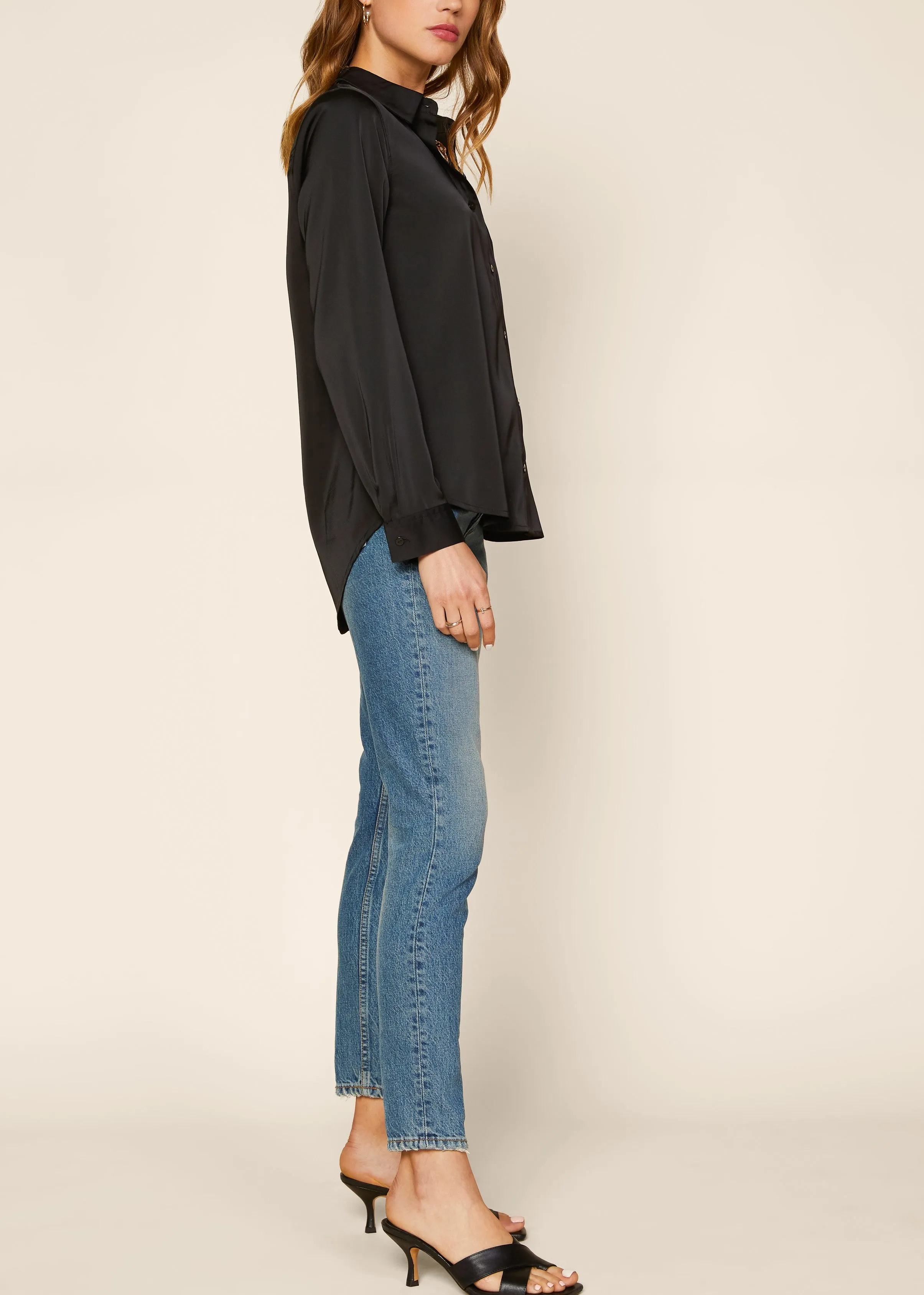 Vivian Satin Button Down Collared Blouse - Black