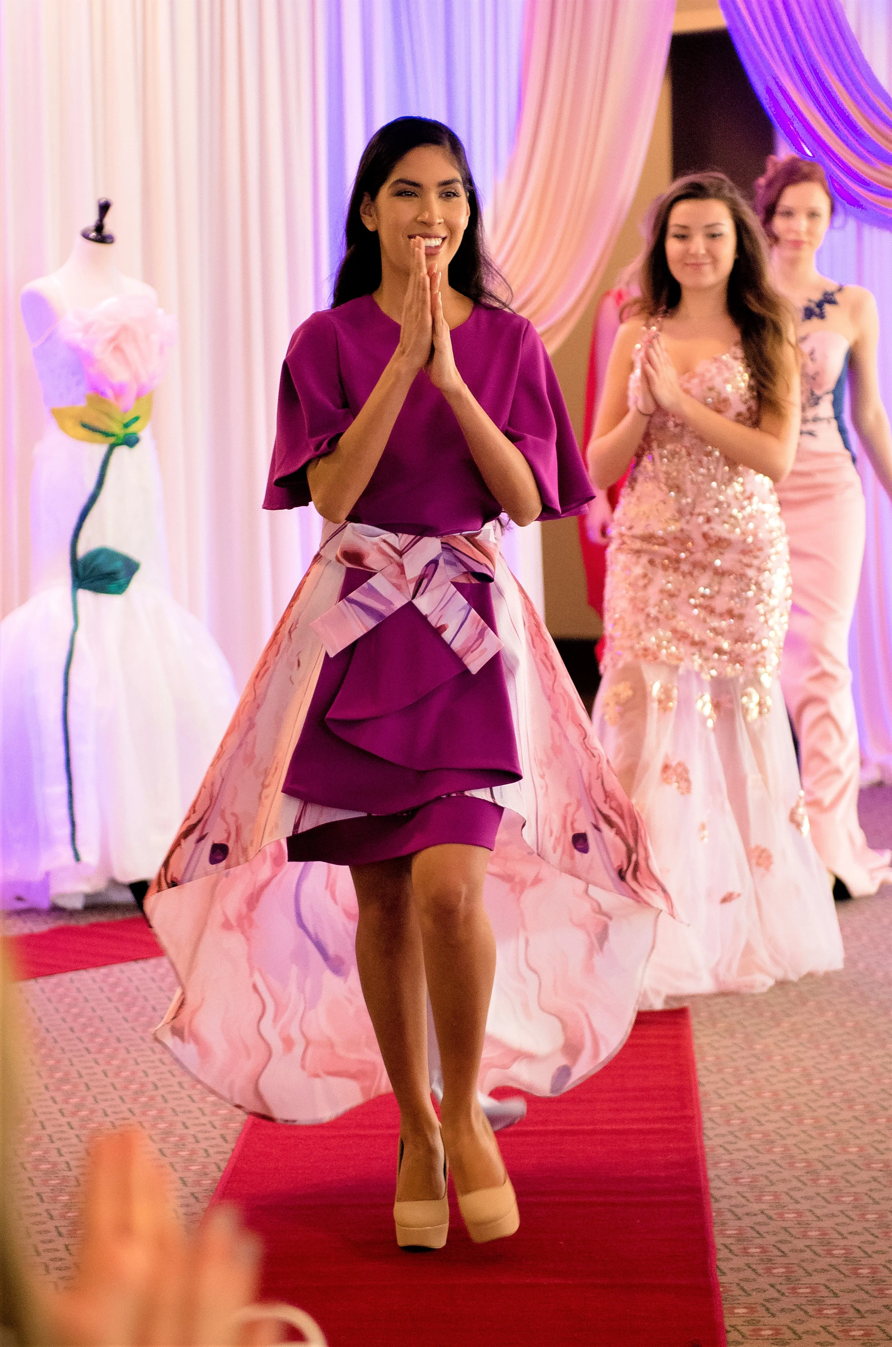 WAVES Two-Piece Midi Fuchsia Dress and High-Low Removable Skirt Gown