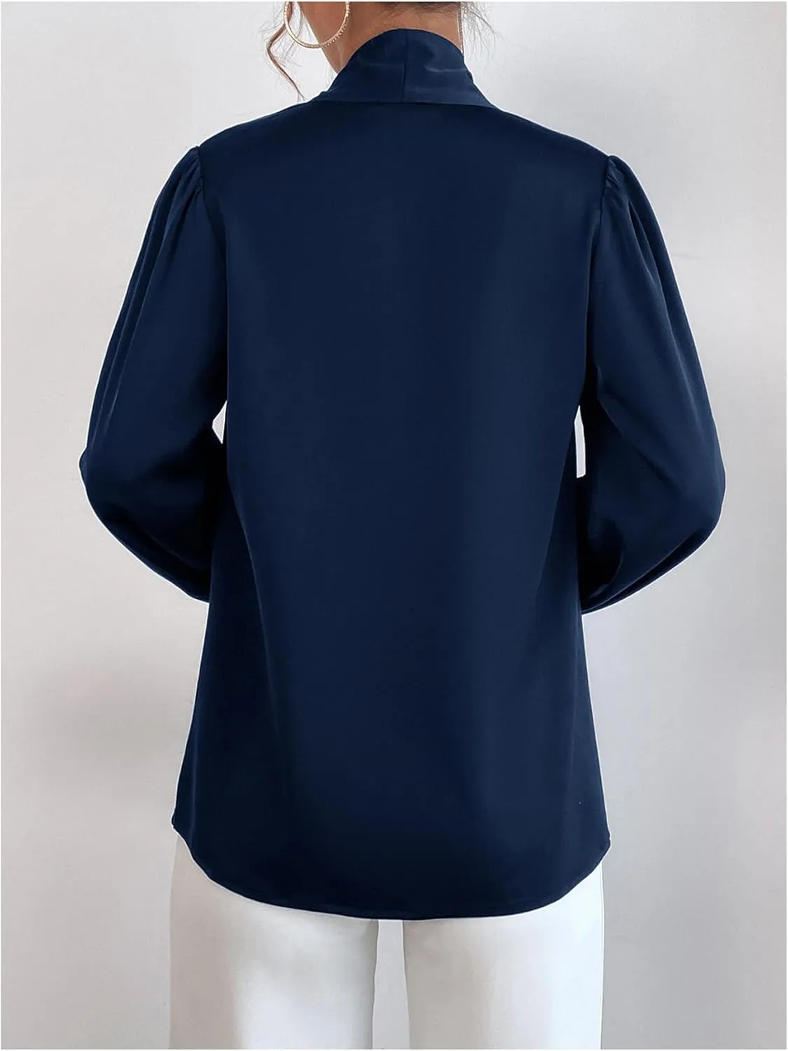 WDIRARA Women's Bow Tie Neck Satin Blouse Bishop Long Sleeve Tops Work Office Shirt