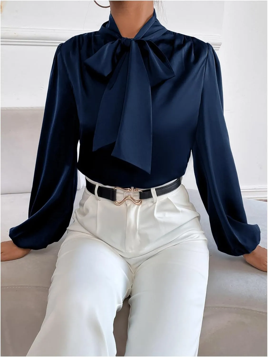 WDIRARA Women's Bow Tie Neck Satin Blouse Bishop Long Sleeve Tops Work Office Shirt