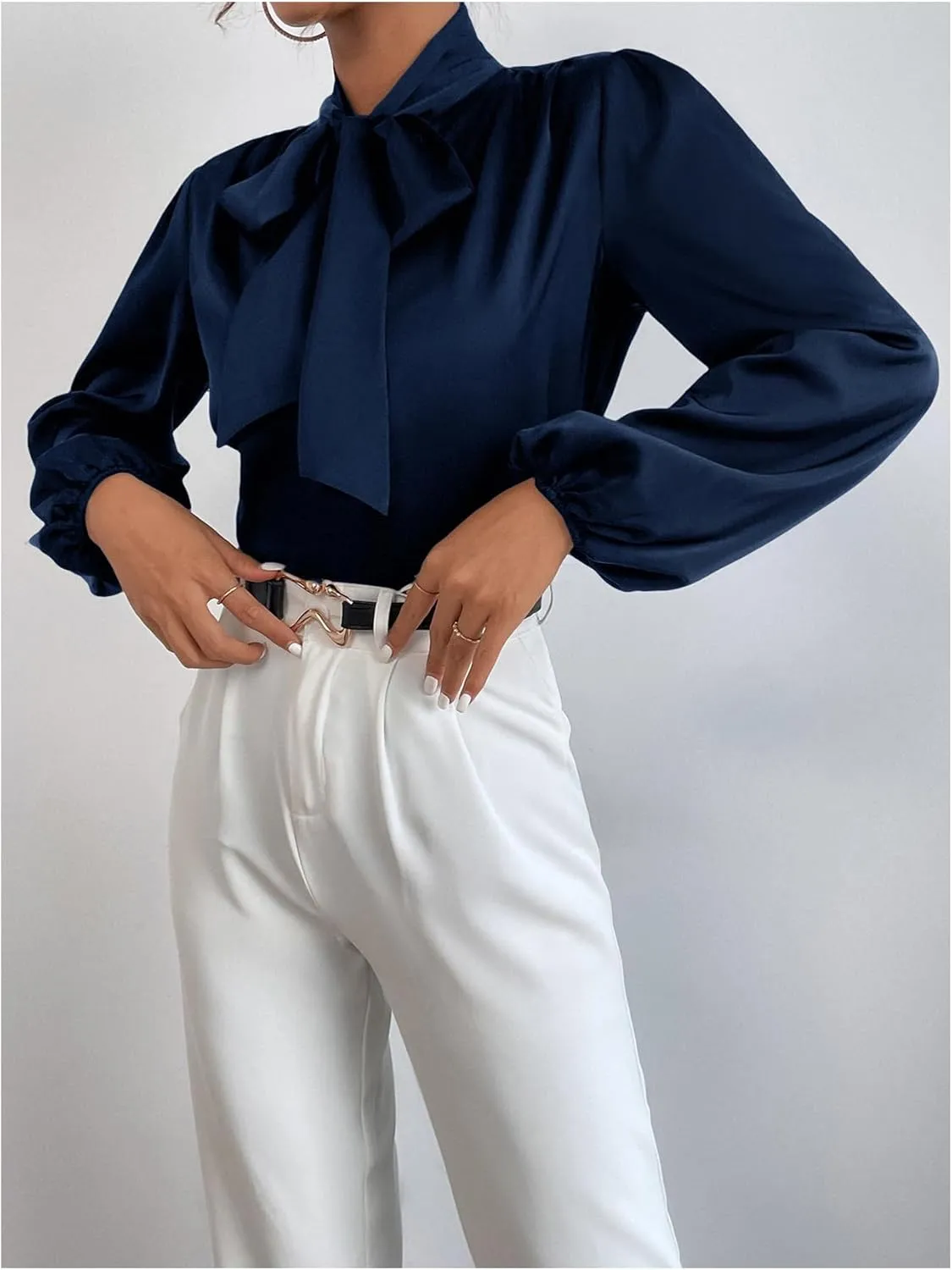 WDIRARA Women's Bow Tie Neck Satin Blouse Bishop Long Sleeve Tops Work Office Shirt